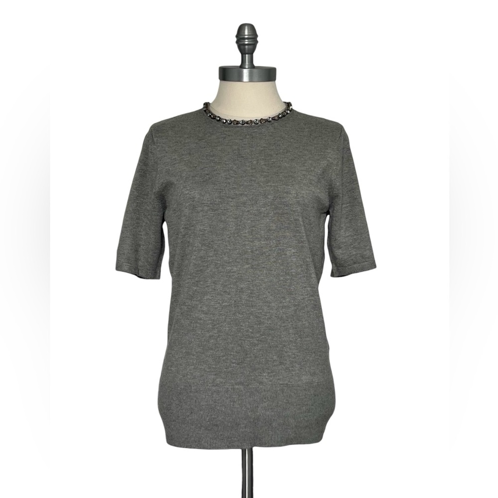 WHBM NWT Gray Beaded Round Neckline Knit Top Sweater Blouse Short Sleeve Size M